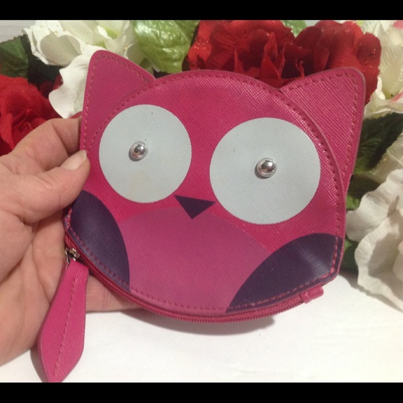 Owl Face Coin Purse Pink Faux Leather Zip Closure - Picture 3 of 10